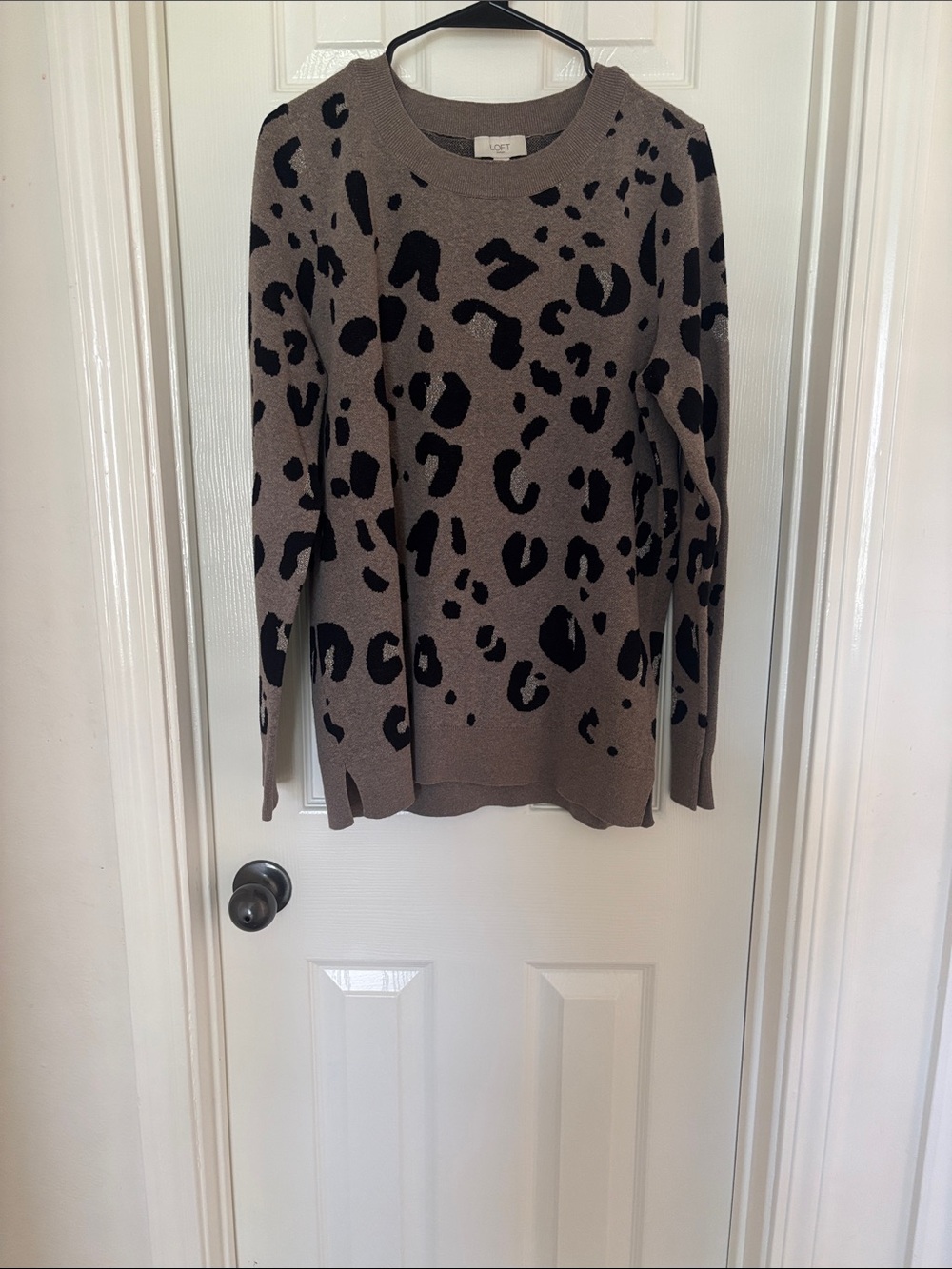 LOFT Taupe and Black Leopard Crewneck Sweater